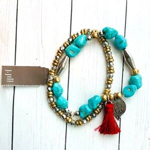 NEW NWT J. Jill Turquoise Bead Stretch Bracelet Set Red Tassel $39 Retail Tag